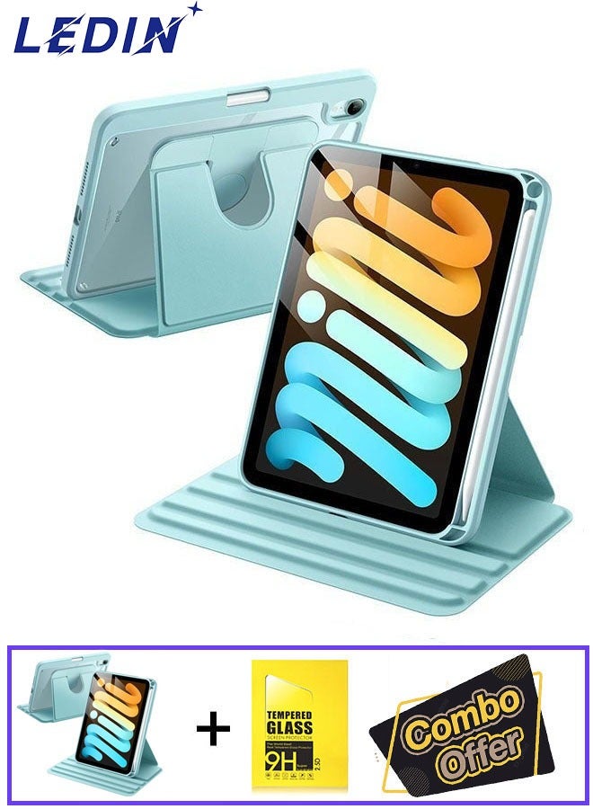 LEDIN 2 in1 Rotating Case for iPad mini A17 Pro 2024 (7th Generation 8.3 inch) with Pencil Holder,360 Degree Rotation Protective Stand Slim Cover Clear Back, Auto Wake/Sleep With Tempered Glass - Image 1