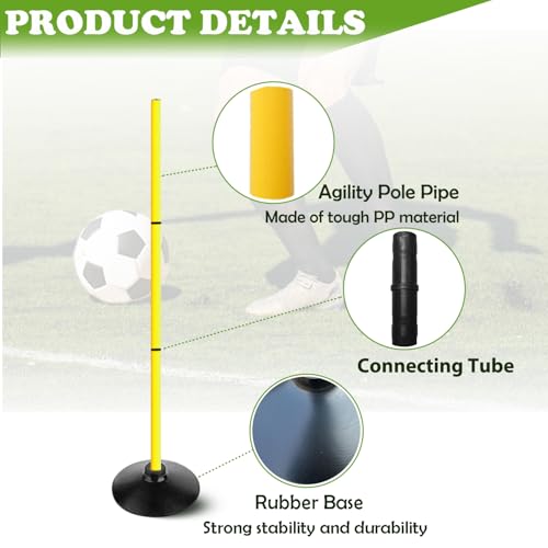 ASENVER 4FT Agility Poles Set Detachable Speed Training Poles Soccer Slalom Sticks with Agility Ladder and Cones (4 pcs, Yellow) - Image 4