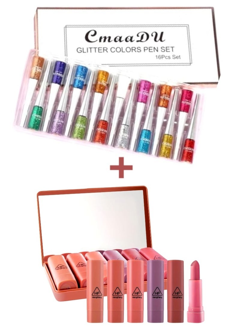 Heng Fang 16 Colors Glitter Eyeliner Pencils with 6 Pieces Lipstick - Image 1