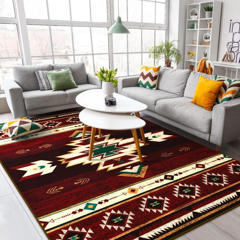 B BENRON Western Rugs for Living Room, Non Slip Rustic Rug for Bedroom Dining Table Kitchen, Washable Aesthetic Area Rugs for Home Decor, 5ft x 7ft, Red - Image 2