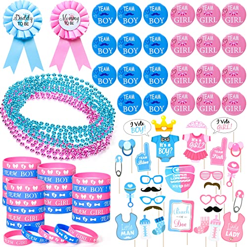 Winrayk Baby Gender Reveal Party Favors Supplies Ideas Team Boy or Girl Pins Daddy and Mommy Badge Pin Silicone Bracelet Photo Prop Necklace 104 Baby Shower Favors Pink Blue Gender Reveal Decor Game - Image 1