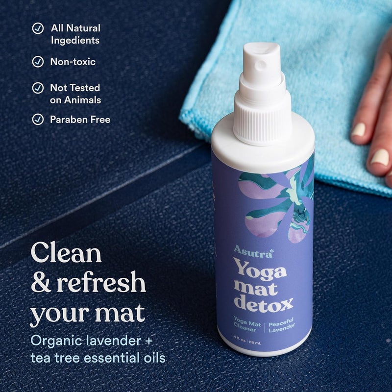 Asutra Yoga Mat Cleaner Spray (Peaceful Lavender), 4 fl oz - No Slippery Residue, Organic Essential Oils, Deep-Cleansing for Fitness Gear & Gym Equipment, Microfiber Towel Included - Image 2
