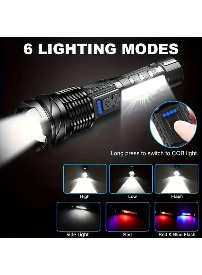Black USB Rechargeable Handheld LED Flashlight XP50 High Power 6 Modes COB Side Light 800mAh - Image 3