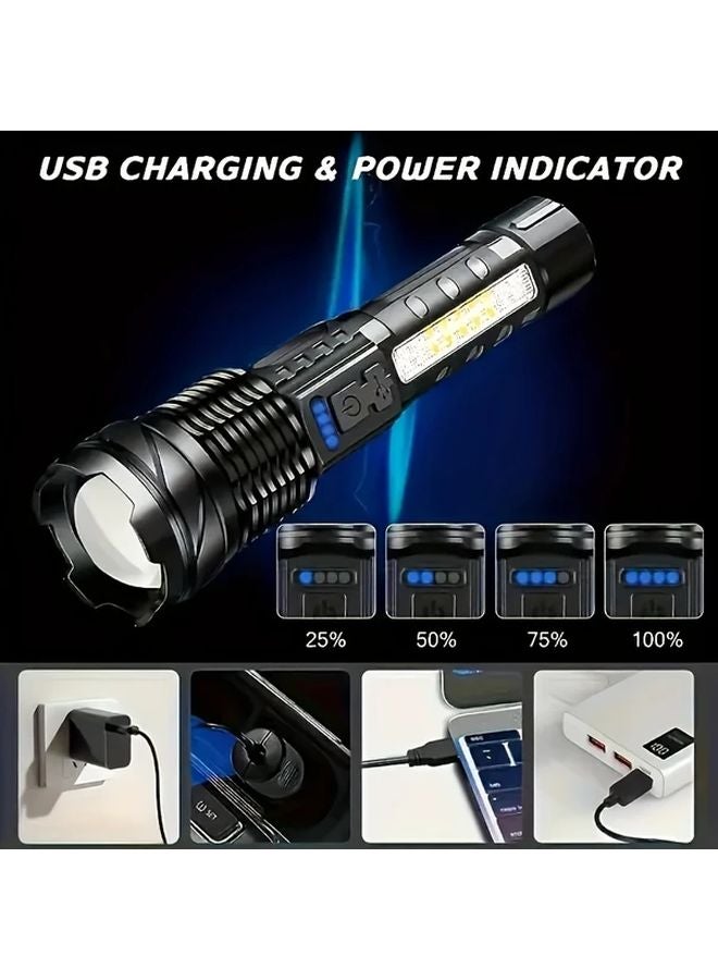 Black USB Rechargeable Handheld LED Flashlight XP50 High Power 6 Modes COB Side Light 800mAh - Image 5