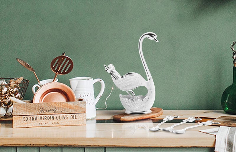 Flylin Decorative Swan Base Holder with 3 Spoons and 3 Forks, Coffee Dessert Spoon Fork Set Creative Coffee Dessert Sugar Flatware for Fruit Dessert Stirring Sugar Ice Cream (Silver) - Image 2