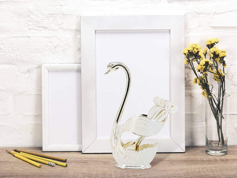 Flylin Decorative Swan Base Holder with 3 Spoons and 3 Forks, Coffee Dessert Spoon Fork Set Creative Coffee Dessert Sugar Flatware for Fruit Dessert Stirring Sugar Ice Cream (Silver) - Image 5