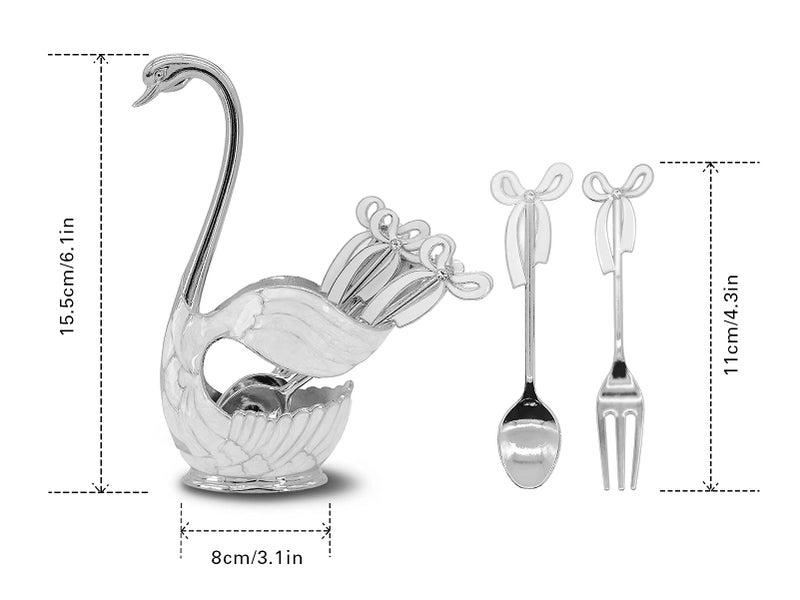 Flylin Decorative Swan Base Holder with 3 Spoons and 3 Forks, Coffee Dessert Spoon Fork Set Creative Coffee Dessert Sugar Flatware for Fruit Dessert Stirring Sugar Ice Cream (Silver) - Image 3