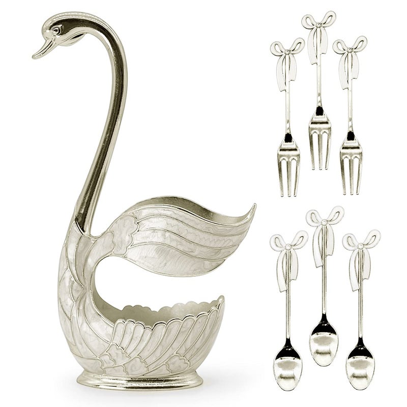 Flylin Decorative Swan Base Holder with 3 Spoons and 3 Forks, Coffee Dessert Spoon Fork Set Creative Coffee Dessert Sugar Flatware for Fruit Dessert Stirring Sugar Ice Cream (Silver) - Image 1