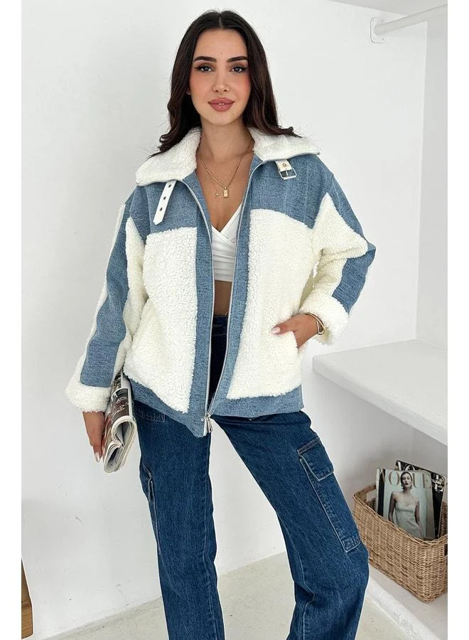 Noa Noa Women's Patchwork Sherpa Jacket – Denim Frost