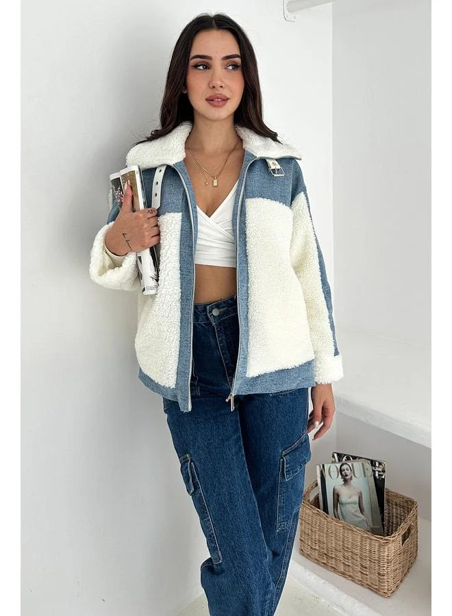 Noa Noa Women's Patchwork Sherpa Jacket – Denim Frost