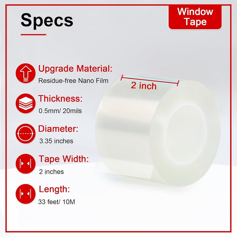 PackYard Window Sealing Tape 2 Inch x 33 FT Transparent Window Draft Insulation Residue-Free Clear Weather Stripping Caulk Tape Windproof Weatherproof Window Seal AC Units for Window Glass, Doors Gaps - Image 2
