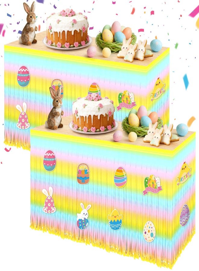 OBUSATT 2Pack Easter Party Decorations Happy Easter Table Skirt with Bunny Egg Cutouts, Foil Fringe Tinsel Table Skirts 30 x 108 Inch for Spring Picnic Birthday Baby Shower Tables Decor Supplies Favors, 42Pcs - Image 1