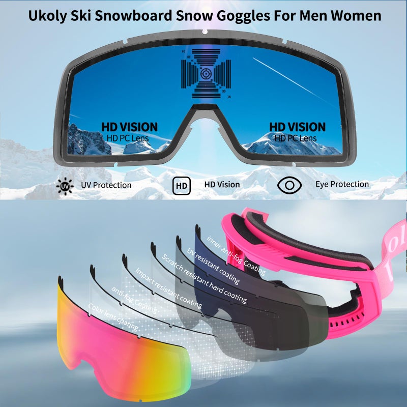 Ukoly Ski/Snowboard Goggles for Men Women, Snow Goggles HD Lens Anti-Fog Coating OTG Design UV400 Protection Windproof (Pink Frame Revo Pink HD Lens) - Image 4