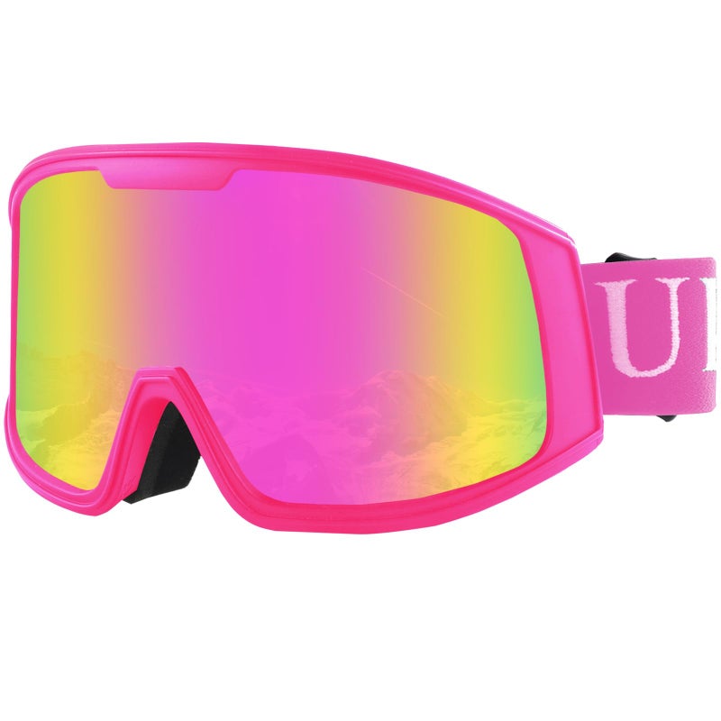 Ukoly Ski/Snowboard Goggles for Men Women, Snow Goggles HD Lens Anti-Fog Coating OTG Design UV400 Protection Windproof (Pink Frame Revo Pink HD Lens) - Image 1