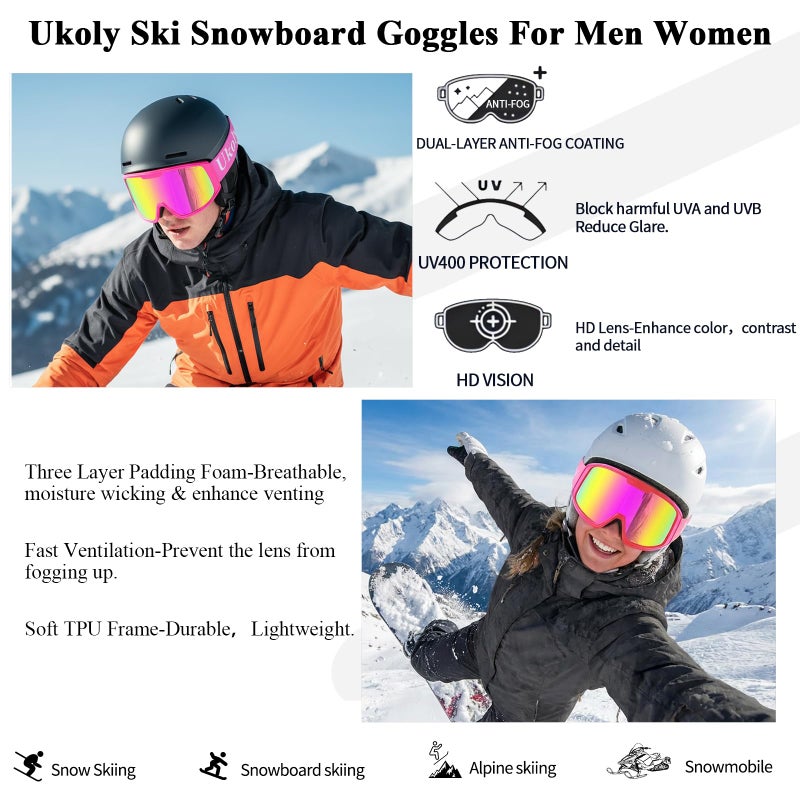 Ukoly Ski/Snowboard Goggles for Men Women, Snow Goggles HD Lens Anti-Fog Coating OTG Design UV400 Protection Windproof (Pink Frame Revo Pink HD Lens) - Image 3