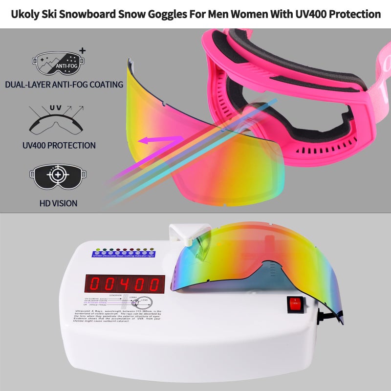 Ukoly Ski/Snowboard Goggles for Men Women, Snow Goggles HD Lens Anti-Fog Coating OTG Design UV400 Protection Windproof (Pink Frame Revo Pink HD Lens) - Image 2