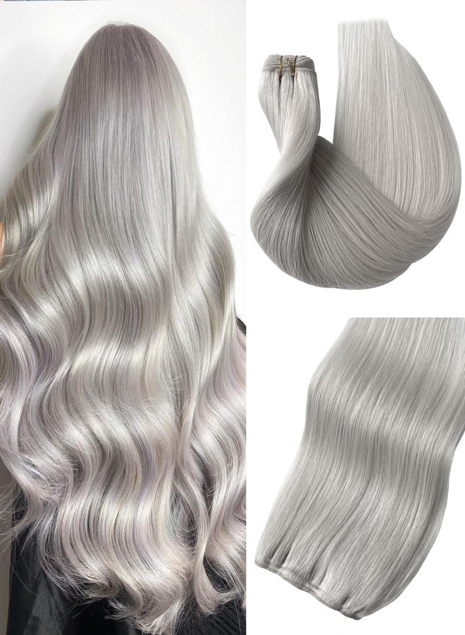 Smavida Sew in Hair Extensions Real Human Hair for White Women Platinum Silver Sew in Weft Hair Extensions Soft Straight Bundles Short Remy Hair 80Gram 14 Inch - Image 1