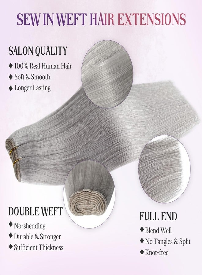 Smavida Sew in Hair Extensions Real Human Hair for White Women Platinum Silver Sew in Weft Hair Extensions Soft Straight Bundles Short Remy Hair 80Gram 14 Inch - Image 3