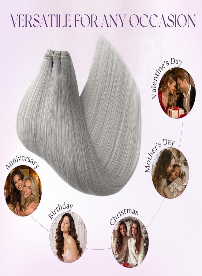 Smavida Sew in Hair Extensions Real Human Hair for White Women Platinum Silver Sew in Weft Hair Extensions Soft Straight Bundles Short Remy Hair 80Gram 14 Inch - Image 5