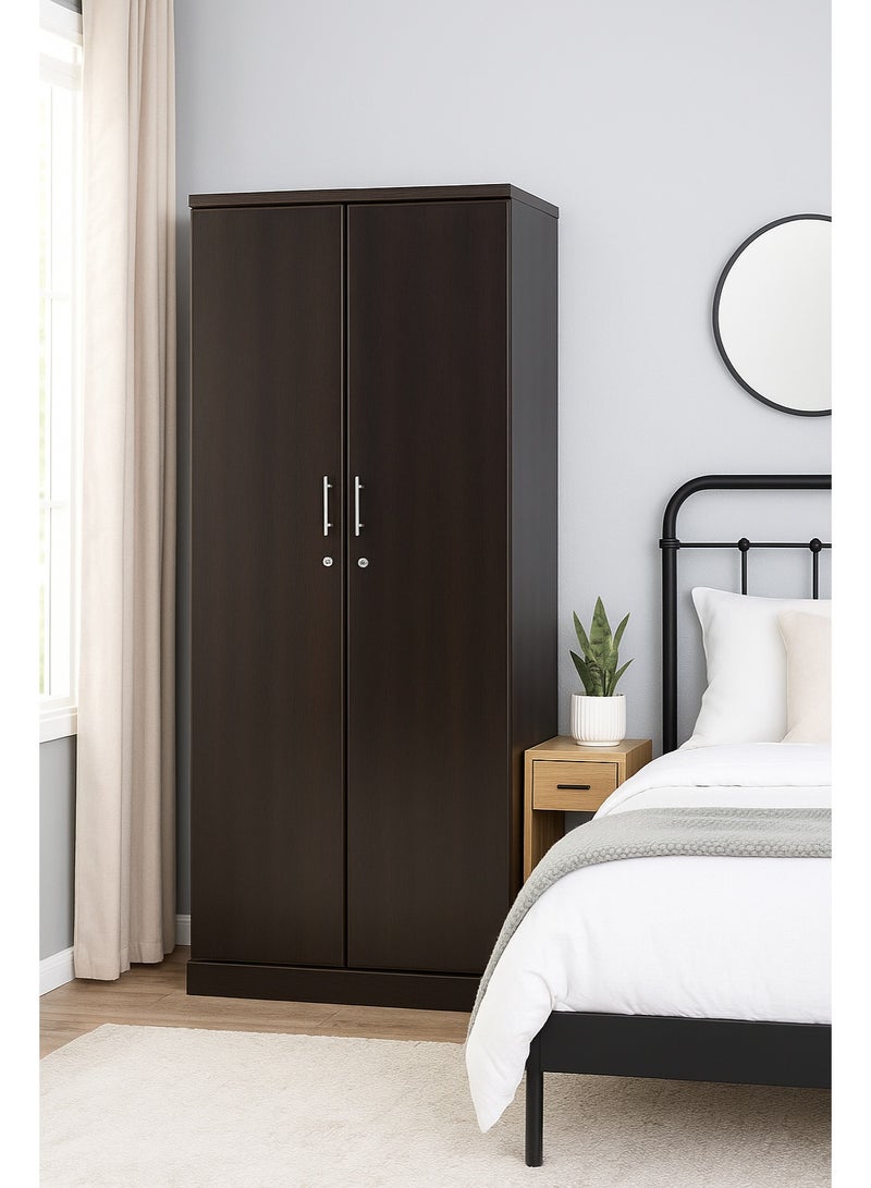 اي اف تي خزانة ملابس واسعة ذات بابين من مادة MDF مع حجرات قابلة للقفل ومفصلات معدنية متينة ورفوف متعددة للتخزين المنظم - تتميز بلمسة نهائية من اللون البني الداكن الفاخر من Wangi (Arfan) - Image 2