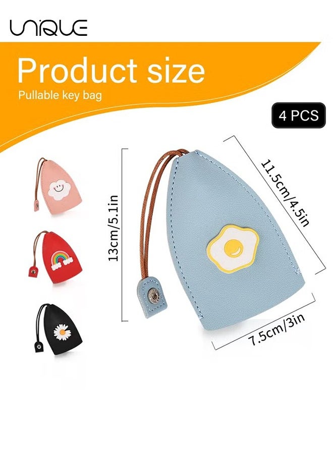 Unique - 4Pcs Cute Key Fob Case, PU Leather Car Key Case, Portable Key Pouch, High-quality PU Leather, Cute Cartoon Patterns, Hidden Keychain, for Car Keys, Personalized Pull Out Key Bag - Image 1