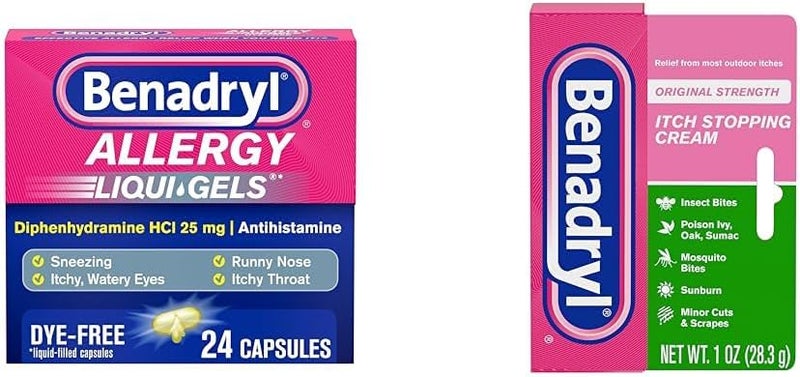 Benadryl بنادريل لتخفيف الحساسية ليكوي جيل 24 حبة كريم لإيقاف الحكة 1 أونصة لتخفيف الحكة في الهواء الطلق - Image 1