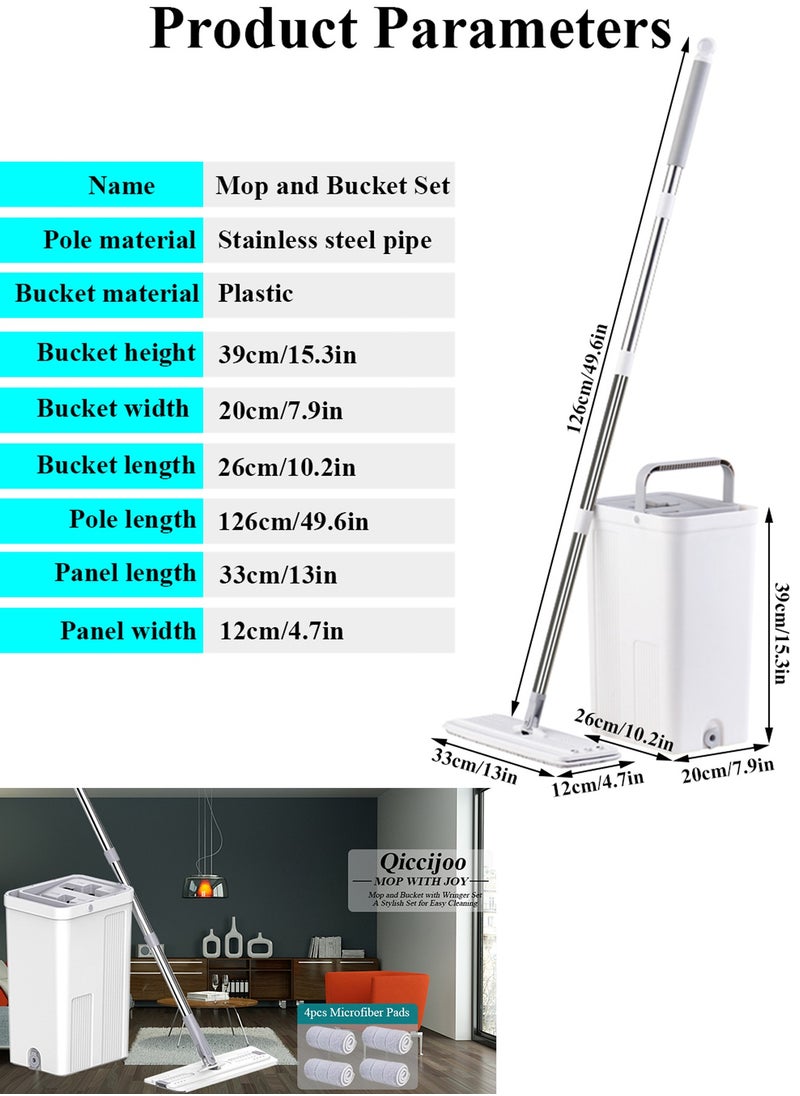 Qiccijoo - Qiccijoo Mop and Bucket with Wringer Set,Hands Free Flat Floor Mop and Bucket Set for Home Floor Cleaning,Stainless-Steel Handle 4 Washable & Reusable Microfiber Pads for Hardwood Laminate Floors,Tile - Image 1