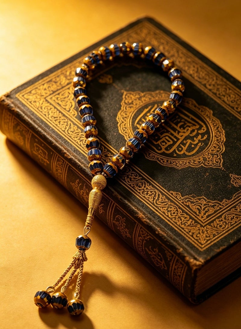 اسم المحتوى ناريلا مسبحة تسبيح إسلامية أسطوانية مطلية بالذهب بألوان سوداء وذهبية متناقضة 33 حبة مخططة عتيقة، مسبحة مسلمة بشرابة معدنية بثلاث حبات للصلاة والذكر - Image 3