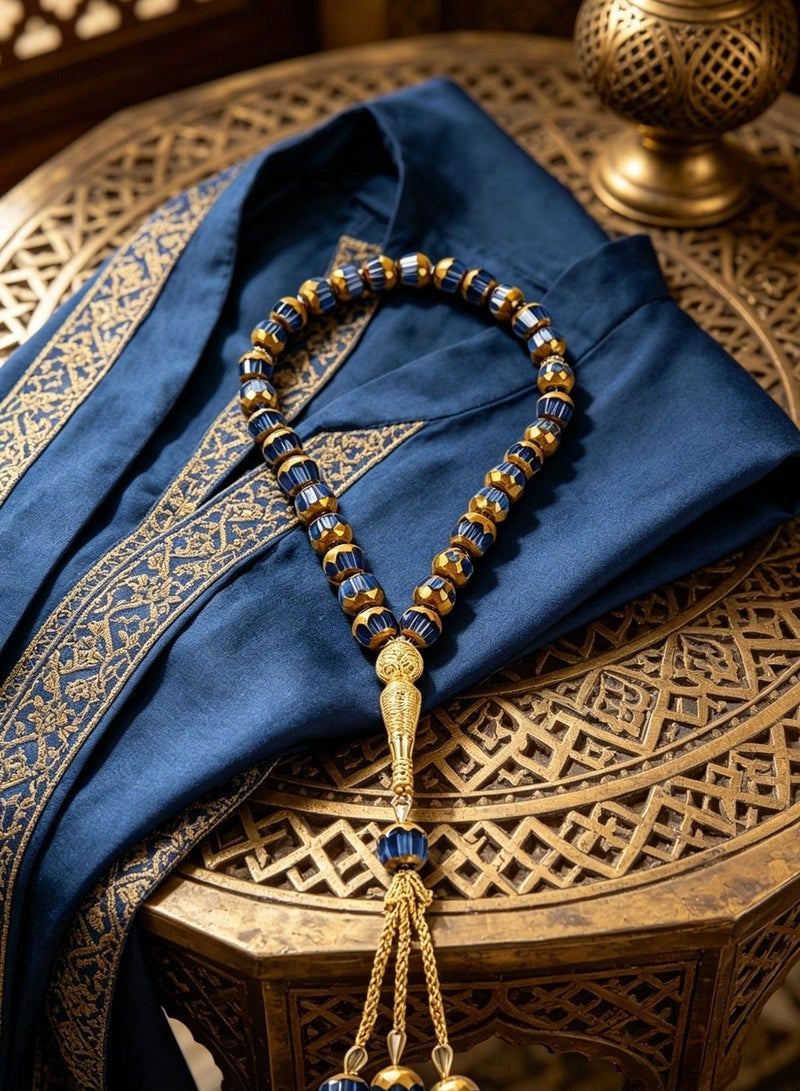 اسم المحتوى ناريلا مسبحة تسبيح إسلامية أسطوانية مطلية بالذهب بألوان سوداء وذهبية متناقضة 33 حبة مخططة عتيقة، مسبحة مسلمة بشرابة معدنية بثلاث حبات للصلاة والذكر - Image 1