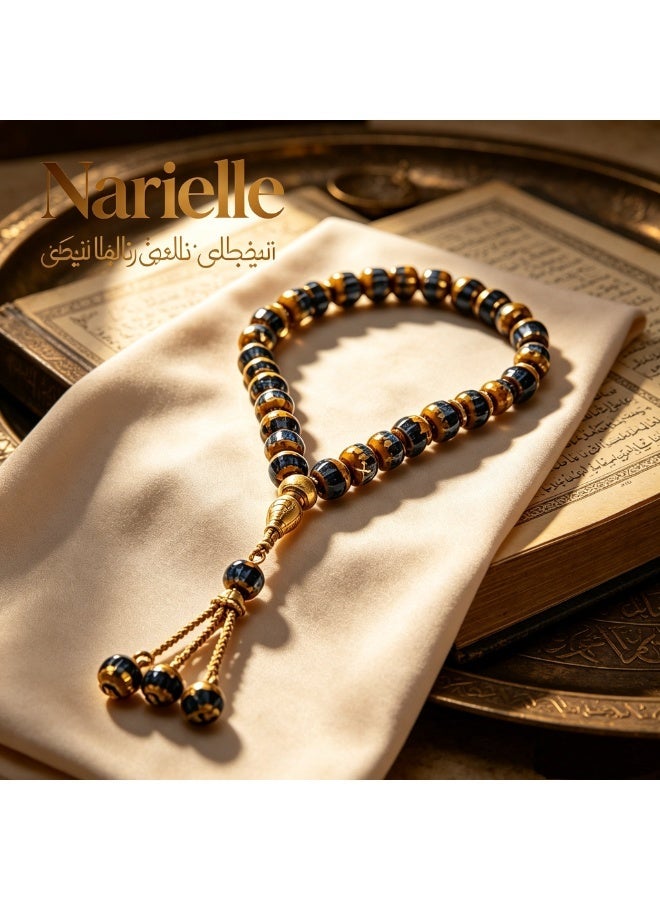 Nariele 33 Beads Gold Plated Black & Gold Contrast Cylinder Islamic Tasbih Prayer Beads, Vintage Stripe Muslim Rosary with Triple Bead Metal Tassel for Salah Dhikr - Image 1