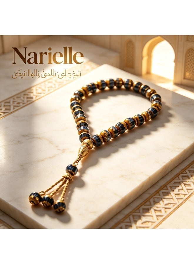 Nariele 33 Beads Gold Plated Black & Gold Contrast Cylinder Islamic Tasbih Prayer Beads, Vintage Stripe Muslim Rosary with Triple Bead Metal Tassel for Salah Dhikr - Image 2