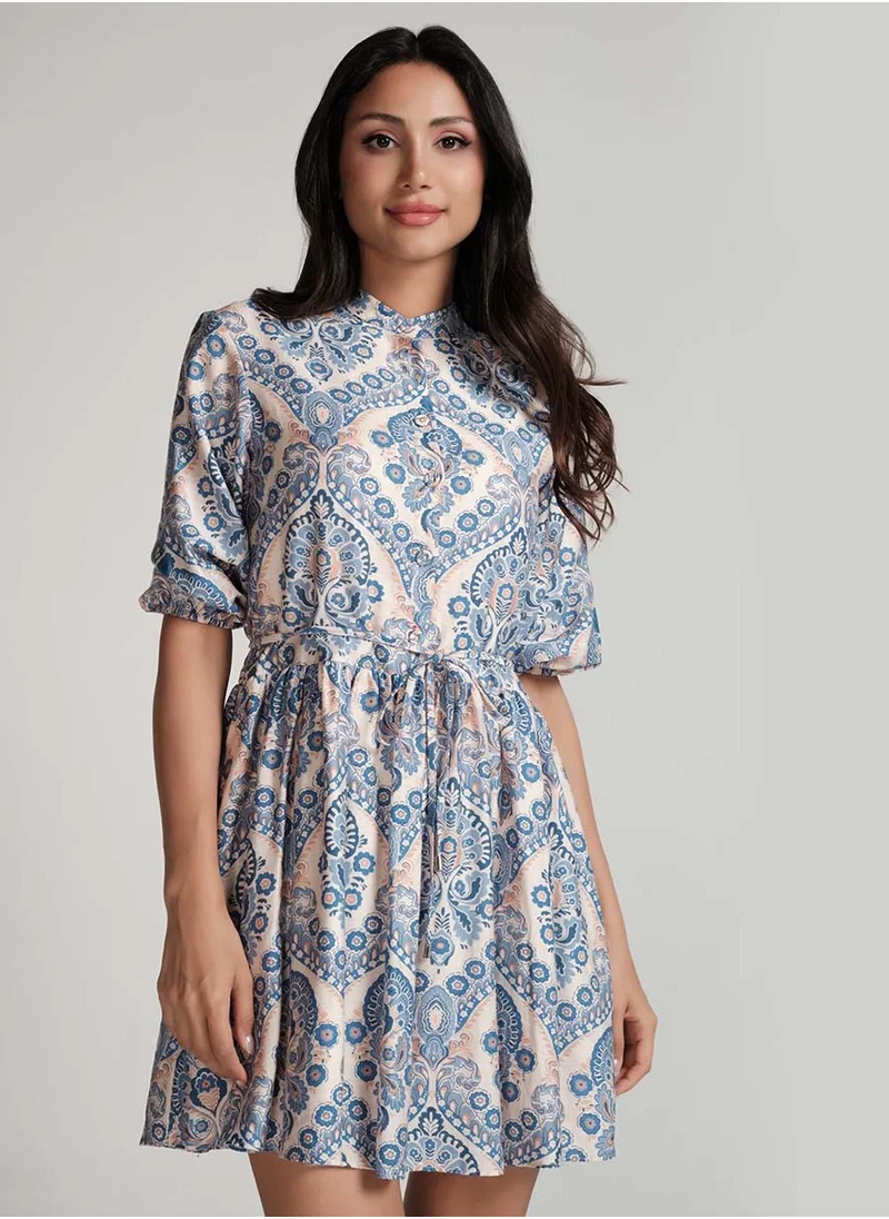 زجزاج Front Buttoned Printed Mini Dress-Blue