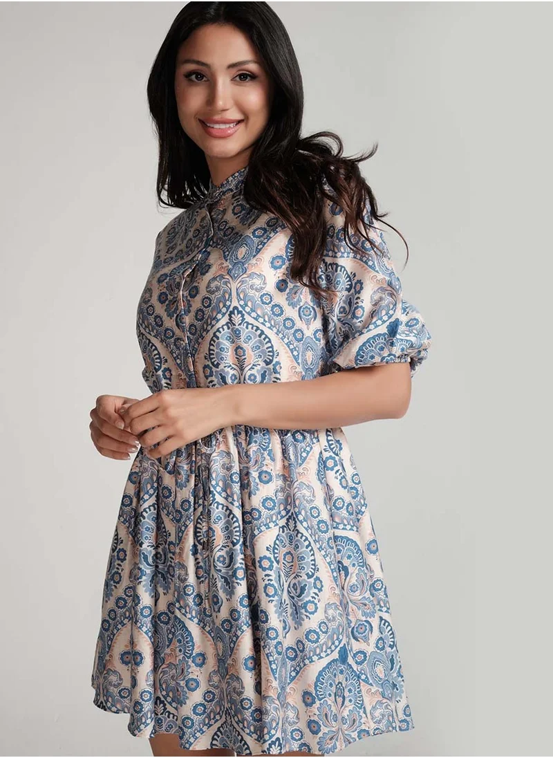 Zigzag Front Buttoned Printed Mini Dress-Blue