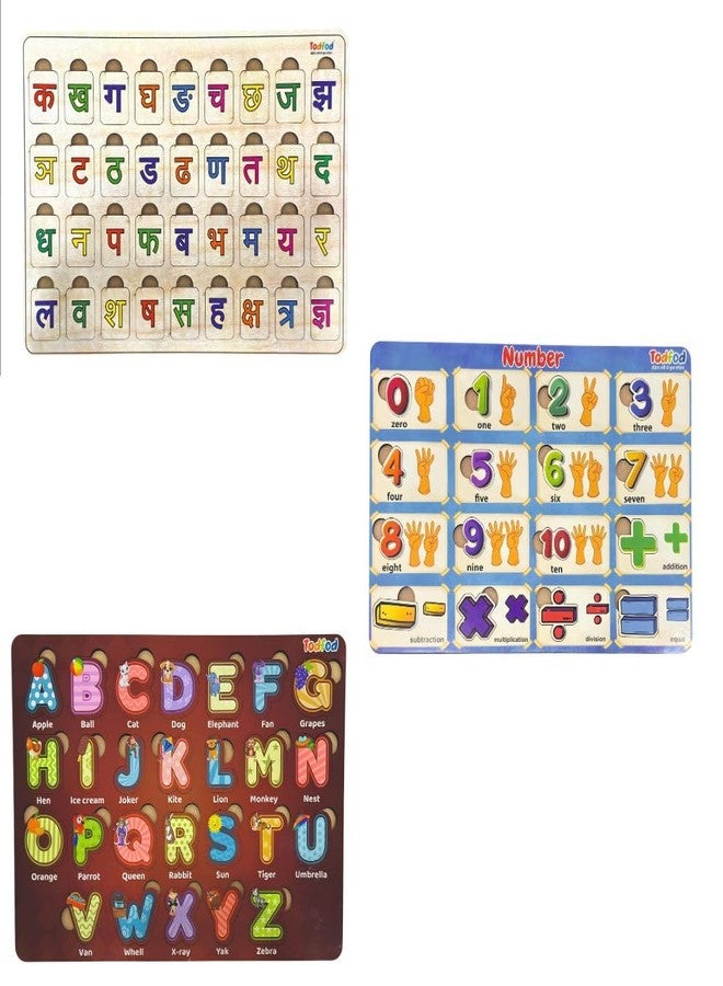 TodFod Educational Learning Set – Wooden Hindi Alphabet Board, English ABCD Board with Pictures & Numbers 0–10 with Math Symbols - Image 1