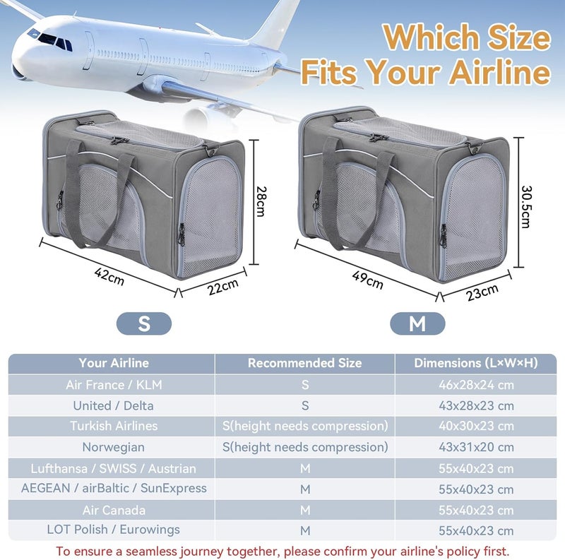 Petsfit Airline Approved Dog Carrier, Two-Way Placement on Plane for Cats and Small Dogs, Soft Cat Carrier,Collasible & Portable Design Grey, 48.5L x 23.5W x 30H cm - Image 3