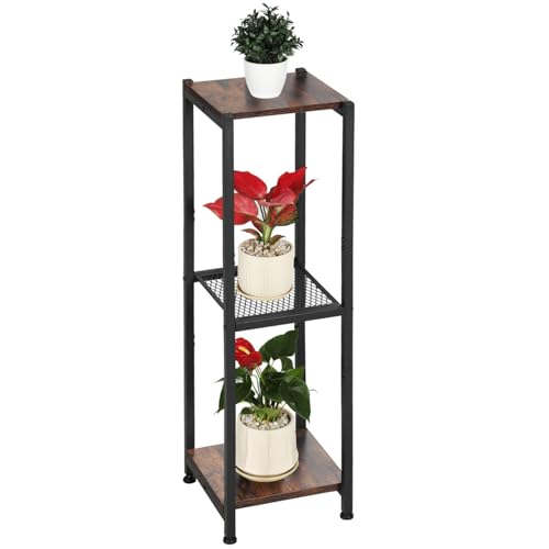 Dipion Extra Tall Plant Stand Indoor,40 Inch Plant Stands,3 Tier Metal Plant Stand with Heavy Duty Wood and Metal Mesh Shelf,Rustic Brown and Black - Image 1