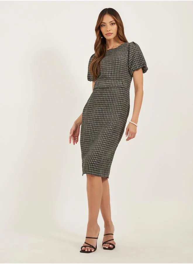 Styli Tweed Puff Sleeves Sheath Knee-Length Dress