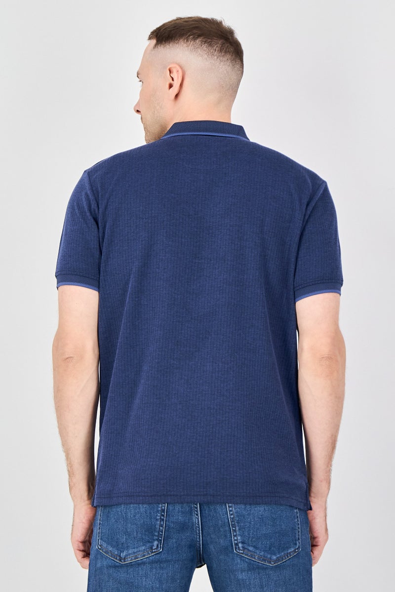Report Collection Men Regular Fit Textured Short Sleeve Polo Shirt, Navy - Image 3