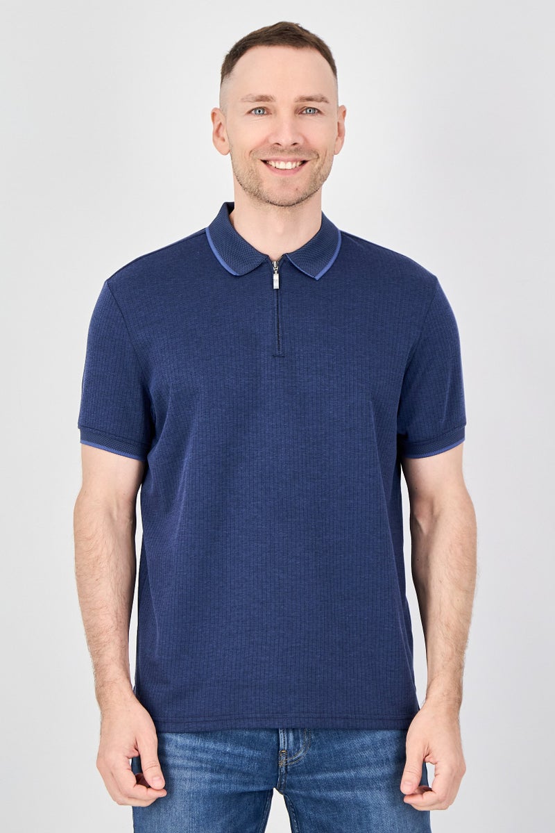 Report Collection Men Regular Fit Textured Short Sleeve Polo Shirt, Navy - Image 1