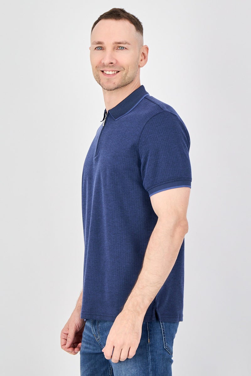 Report Collection Men Regular Fit Textured Short Sleeve Polo Shirt, Navy - Image 2