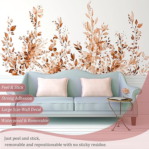 VePret Orange Plants Leaves Wall Decals Peel and Stick, Large Floral Flowers Vinyl Wall Stickers, Removable Vine Home Decor Art for Bedroom Living Room Classroom Office - Image 3