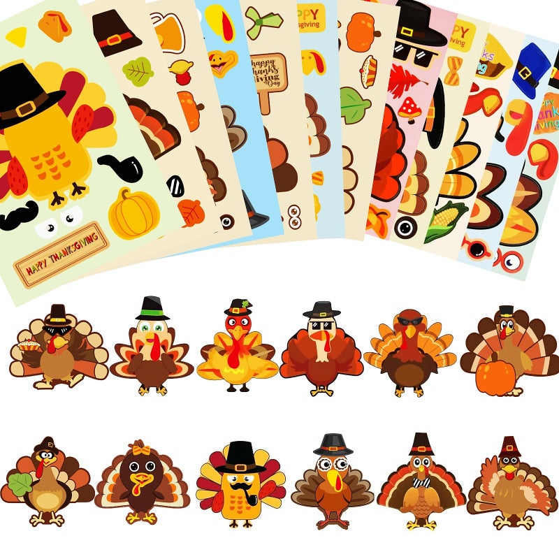 36 Sheets Thanksgiving Stickers12 Different Design Large Size Thanksgiving Crafts for Kids Make Your Own Turkey Stickers for Kids DIY Turkey Games Fall Party Favors Supplies