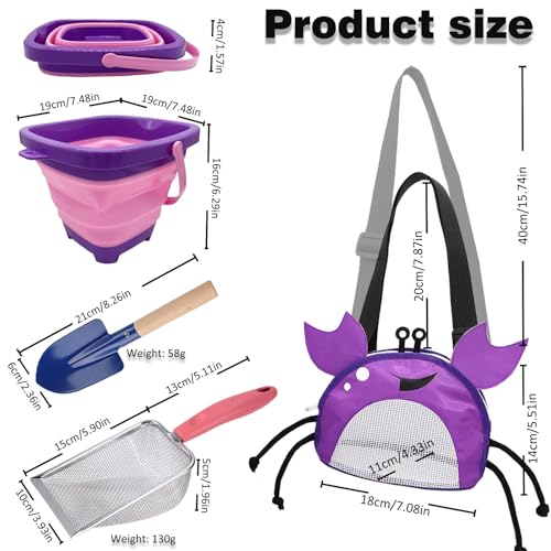 YOOLEETC 4PCS Beach Toy Mesh Shovel and Mesh Beach Bag Seashell Bag with Foldable Beach Bucket Shovelfor Sand Filter Collect Shells Purple Crab - Image 5