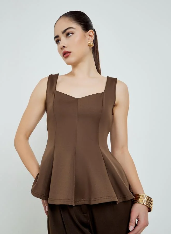 Styli Brown Wide Straps Pleated Peplum Top