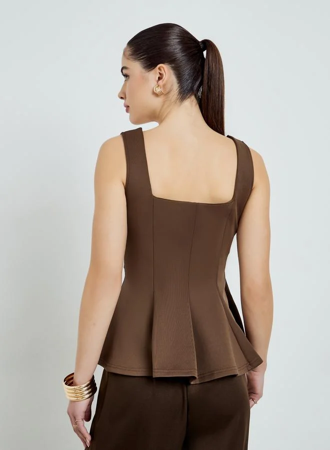 Styli Brown Brown Wide Straps Pleated Peplum Top for Women | Best Price UAE