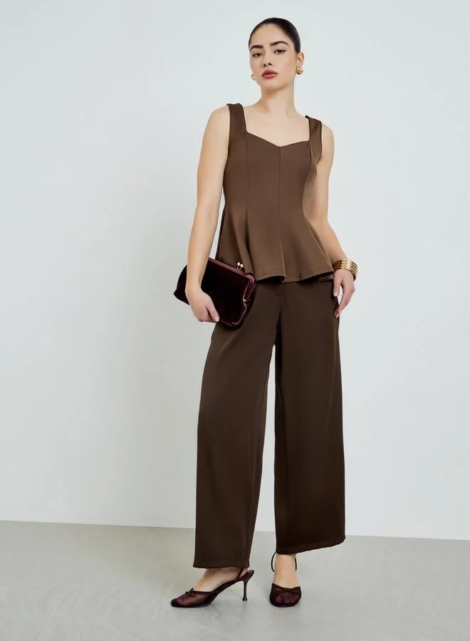 Styli Brown Wide Straps Pleated Peplum Top