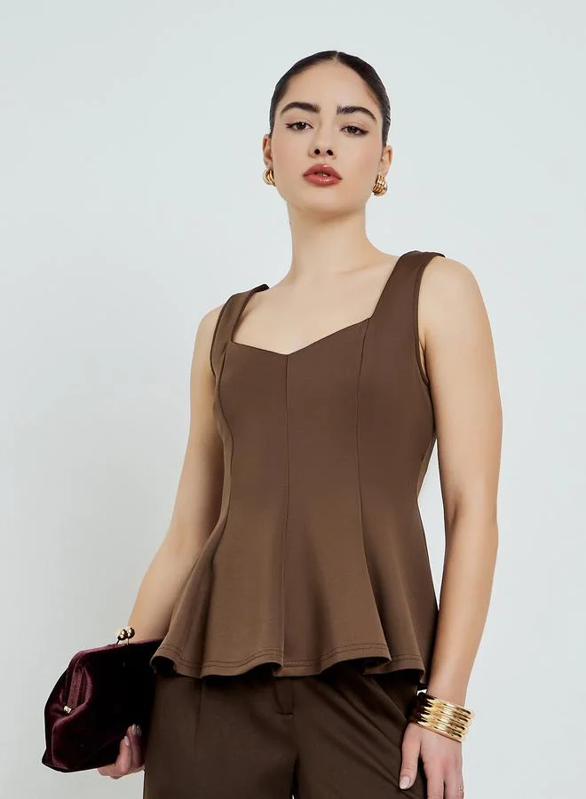 Styli Brown Brown Wide Straps Pleated Peplum Top for Women | Best Price UAE