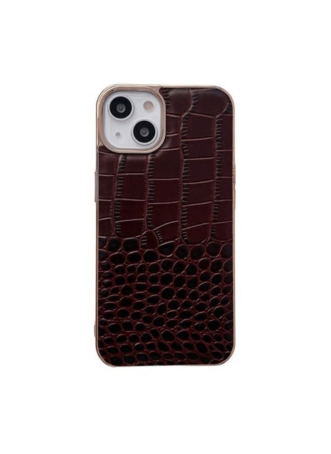 Case Cover For iPhone 14 Crocodile Texture Genuine Leather Nano Electroplating Phone Case Coffee