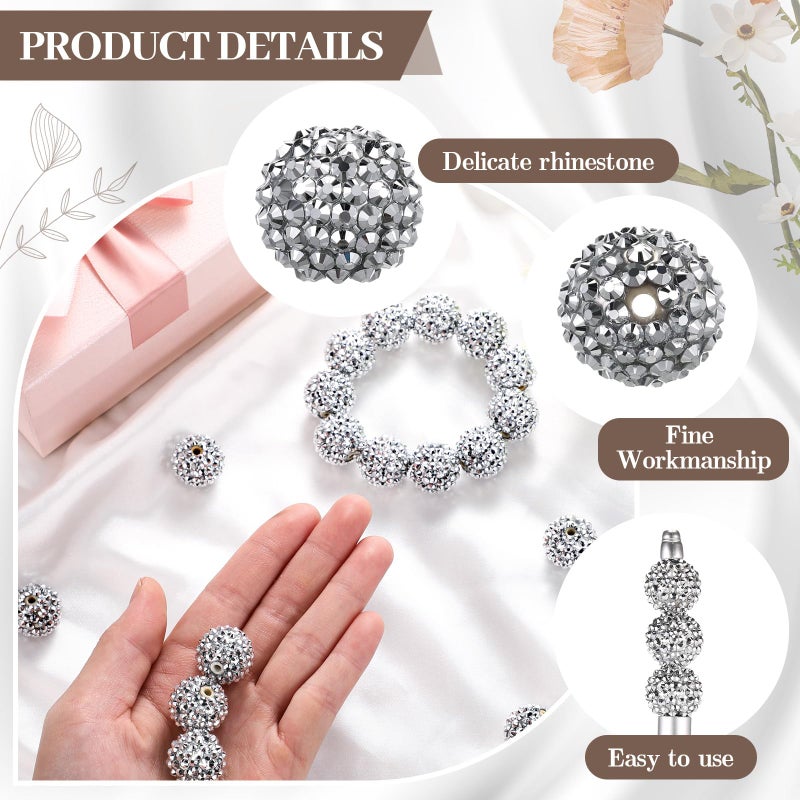 Loetere 40 Pcs 20 Mm Rhinestone Beads Bulk Crystal Round Disco Ball Chunky Bubblegum Beads For Pens Bracelets Charms Craft European Style Jewelry Making Supplies Christmas(Silver) - Image 3