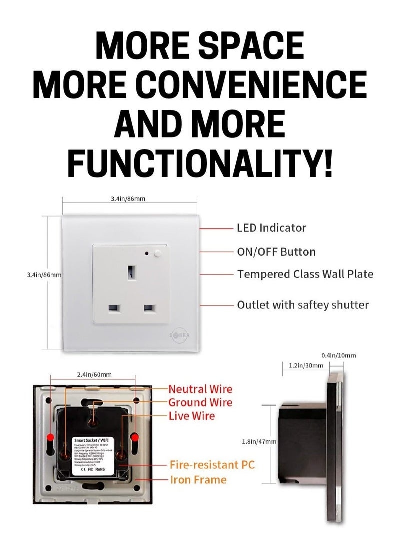 SASKA Smart WiFi Wall Socket Glass Panel Outlet Remotely Controlled Works with Voice Assistant | No Hub Required - Image 2